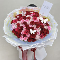 "Whispers of Pink Wings" Bouquet of 100 roses with butterfly paper