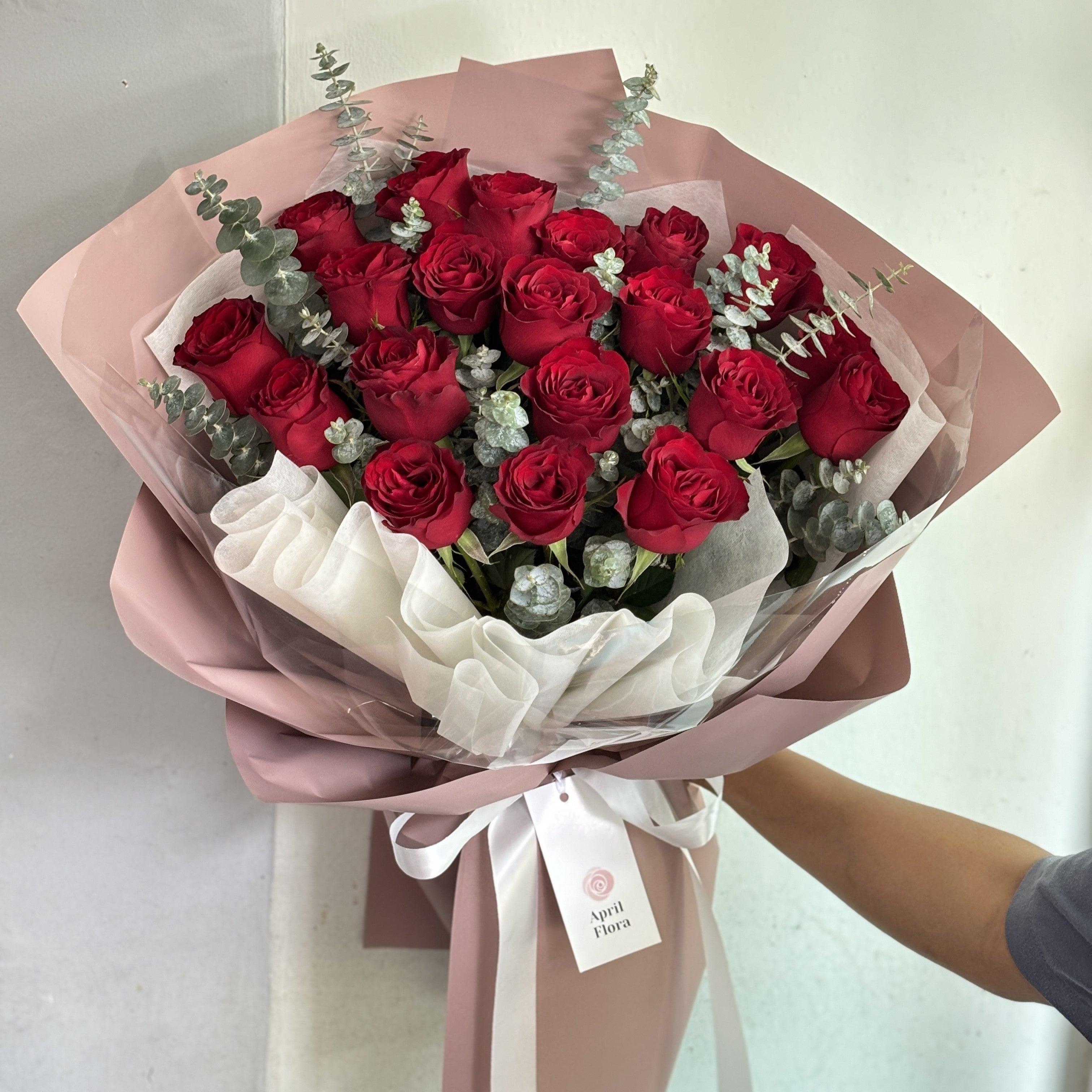 "Cherry Kiss" Bouquet Of 20 Red Roses With Eucalyptus