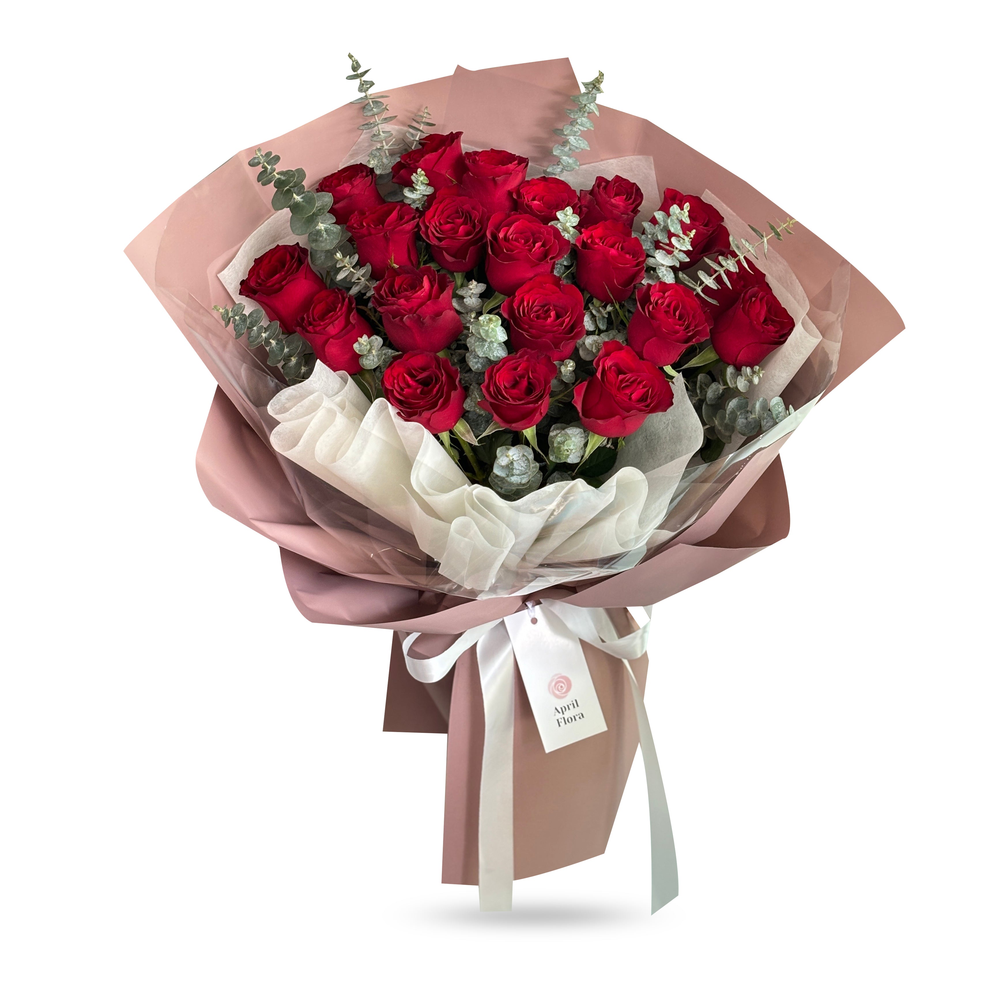 "Cherry Kiss" Bouquet Of 20 Red Roses With Eucalyptus