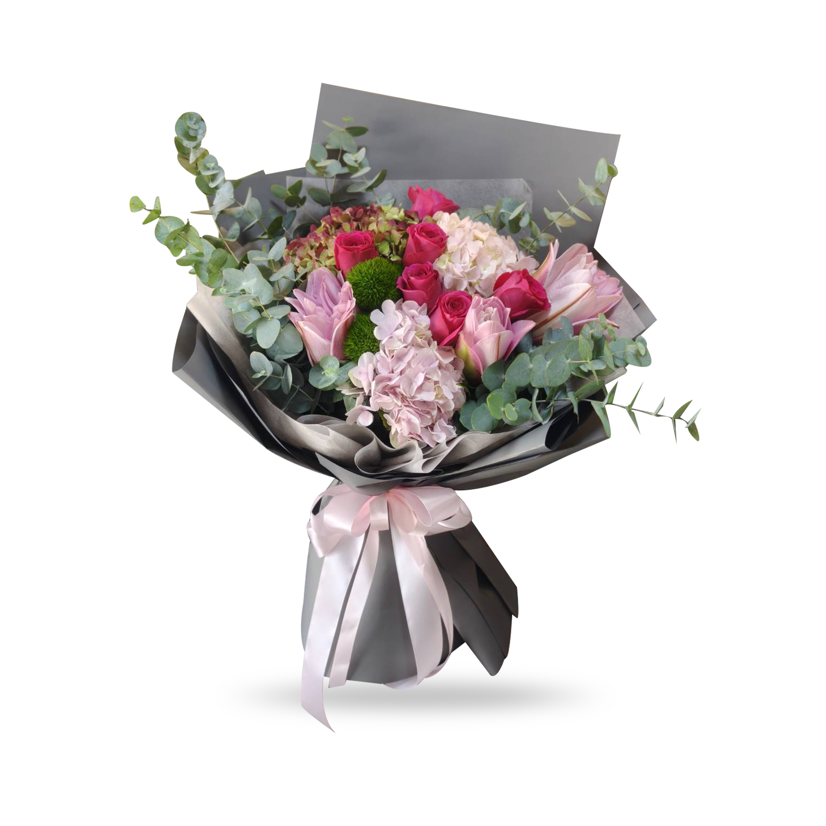 Rosy Eclipse - Bouquet of Pink Hydrangea, Roses and Lilies