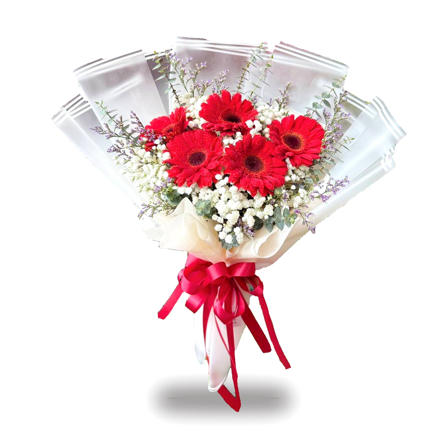 "Ruby Spark" bouquet of 5 red gerbera with baby's breath