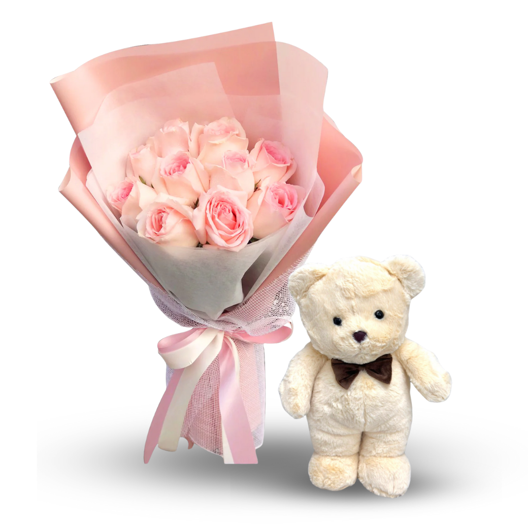 "Pink Love" Stylish Bouquet Of Light Pink Roses and Teddy Bear with Bow Tie