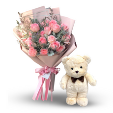 Bouquet Of Pink Roses With Caspia and Teddy Bear with Bow Tie