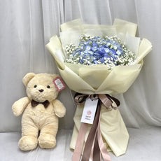 "Blue Love" bouquet of blue hydrangea & Teddy Bear with bow tie