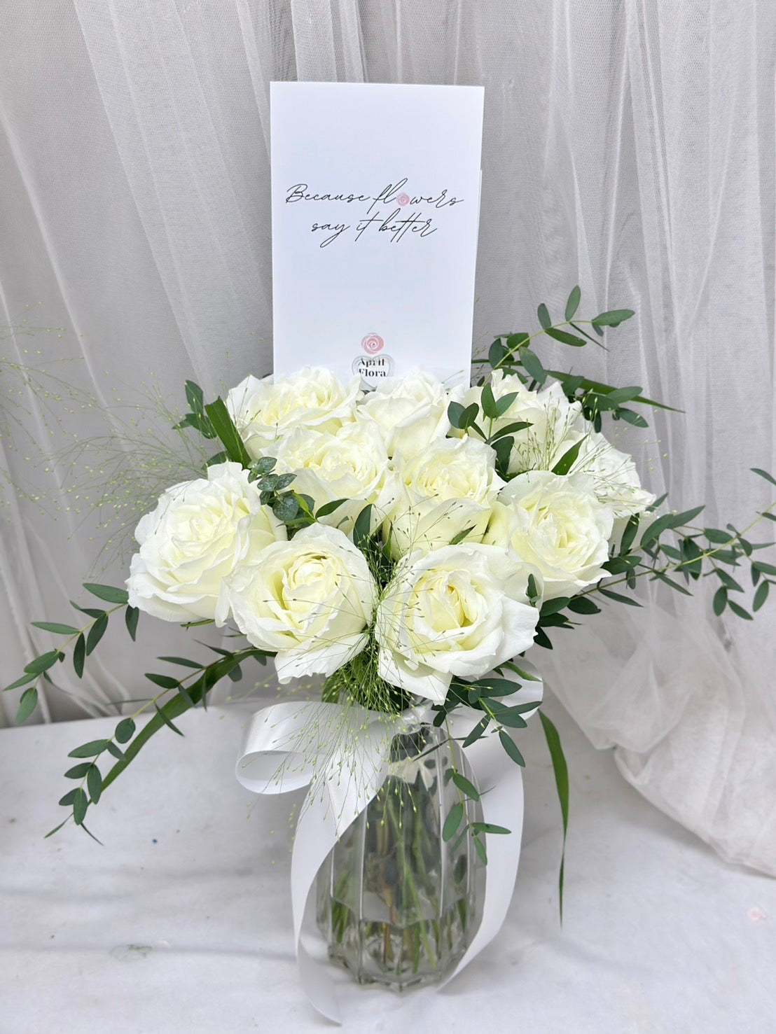 "Rose Essence" Vase of 10 White Roses