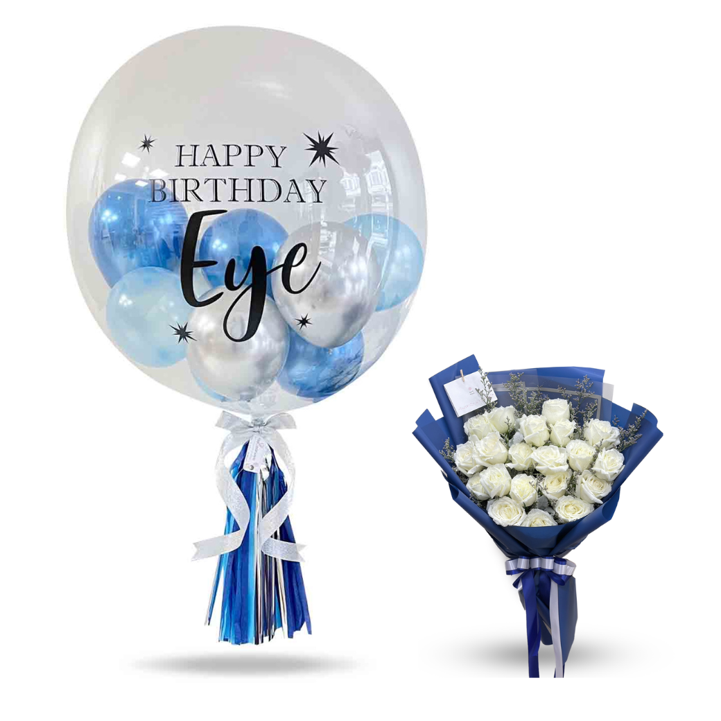 Bouquet Of 20 White Roses With Transparent Balloon