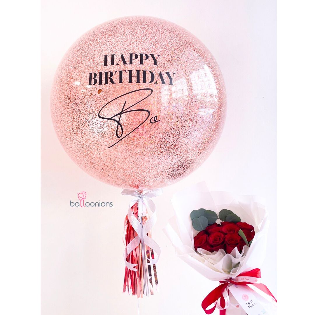 Bouquet Of 10 Roses And Pink Glitter Balloon