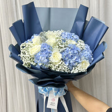 "Dearest One" Mixed Blue Hydrangea with White Roses