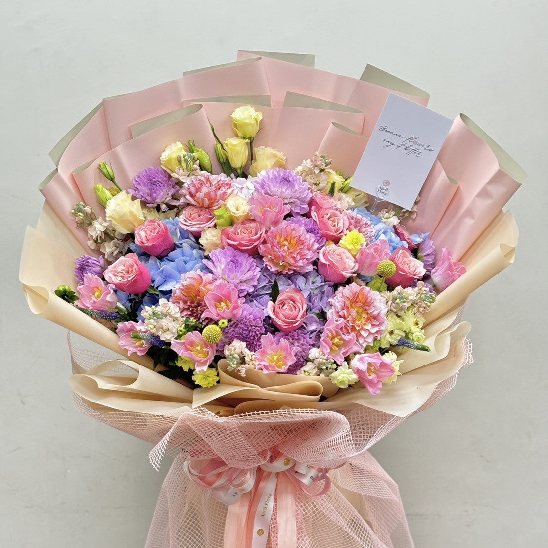 "Blossom Parade" Bouquet of Dahlias, Roses, Hydrangea and Lisianthus